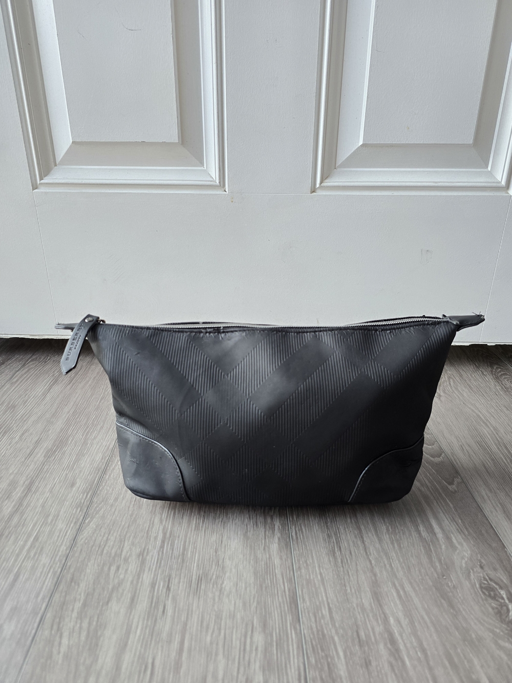 Burberry Beauty Large Embossed Check Cosmetic Bag Black Zip Pouch Toiletry